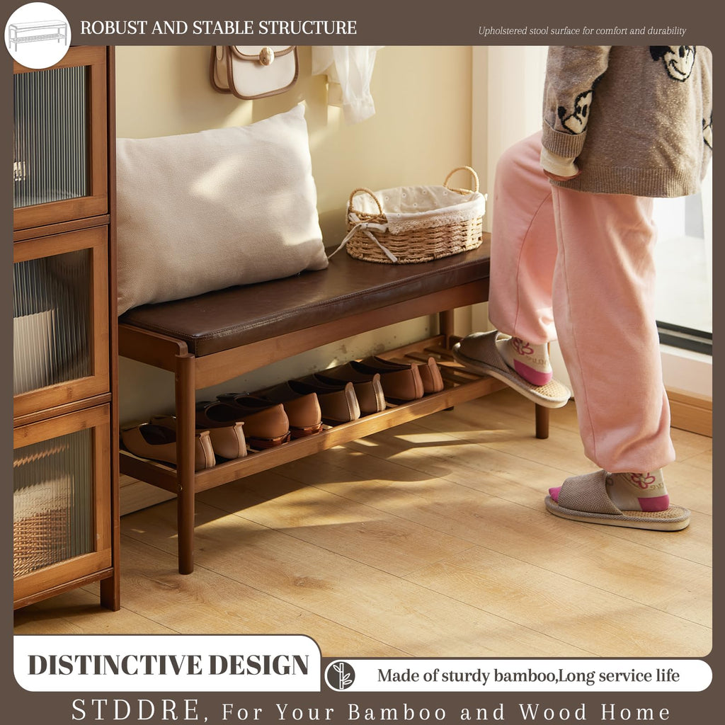 Shoe Rack Bench Entryway Bamboo Shoe Storage Bench with Leather Cushion 2 Tiers Shoe Rack Entryway Bench (Walnut