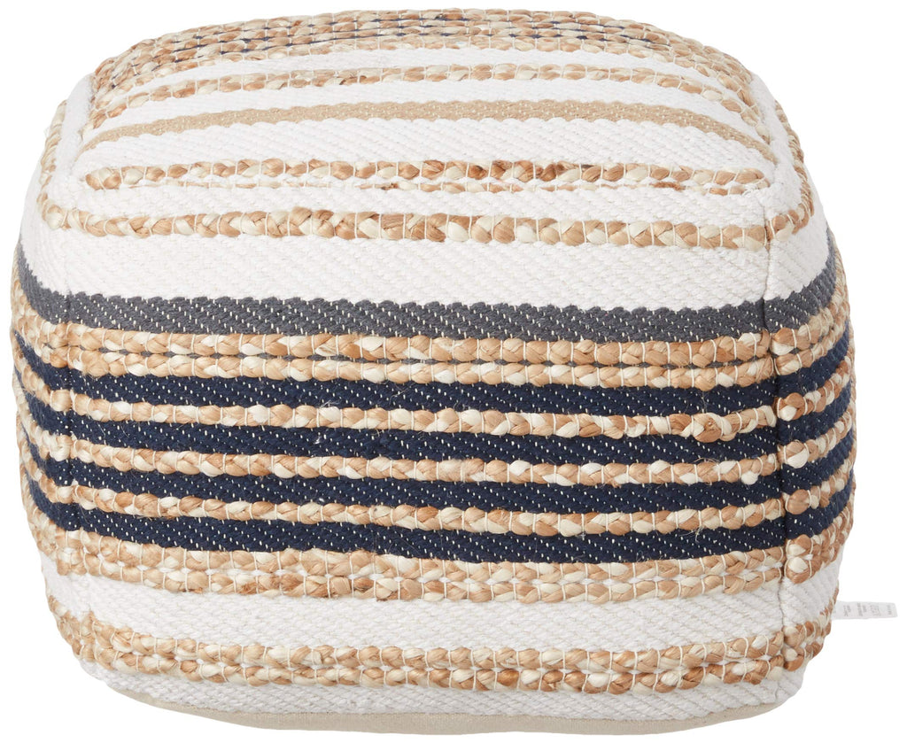 LR Home Natural/Navy Blue/White Square Ottoman Pouf Decor | Striped Hand-Woven Jute Cotton Blend Square Pouf Ottoman