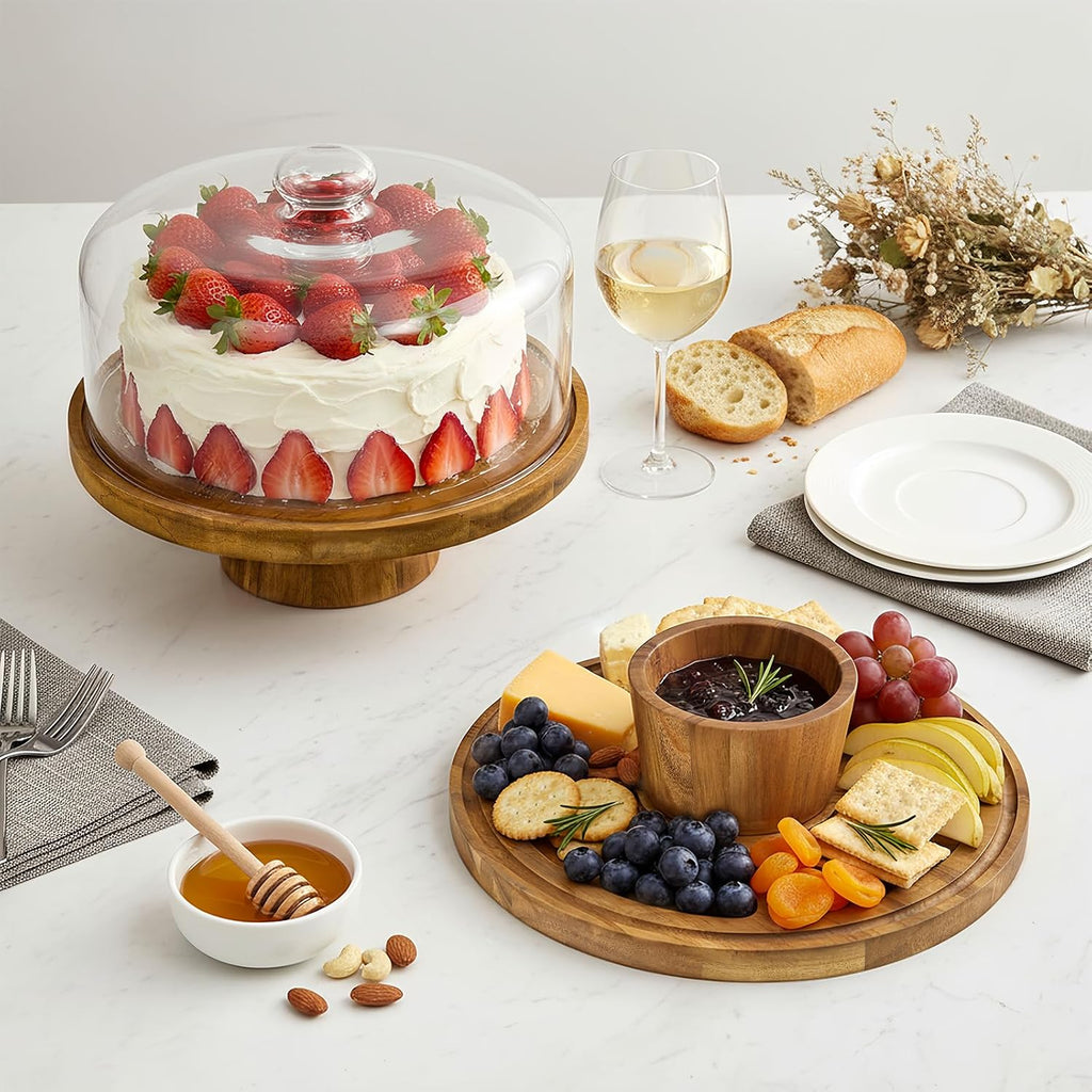 12-Inch Acacia Wood Cake Stand with Glass Lid