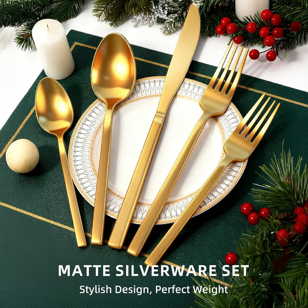Matte Gold Silverware Set, Stainless Steel Flatware Set, Dishwasher Safe