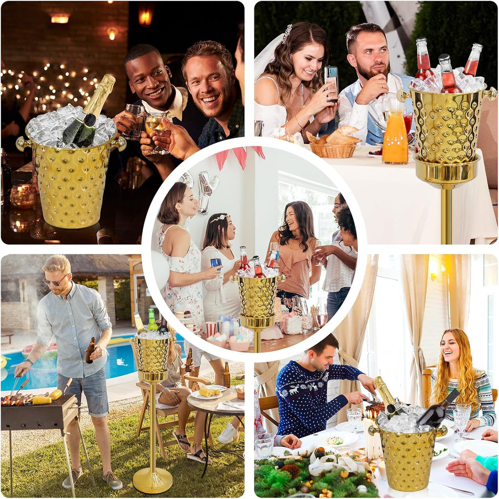 Gold Champagne Bucket with Stand, 5L Ice Bucket Wine Chiller, Stainless Steel Wine Bucket for Wedding BBQ Party Home