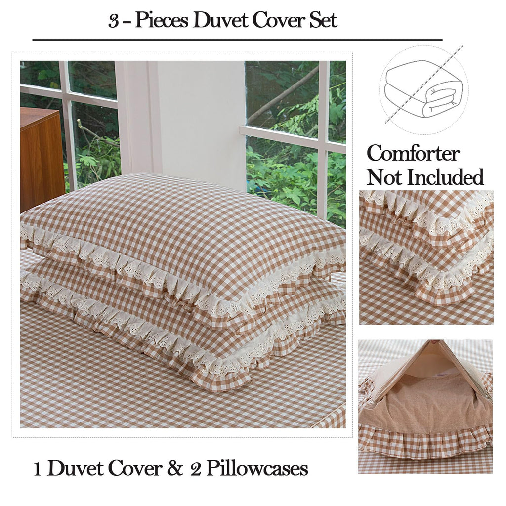100% Washed Cotton Taupe Gingham Ruffle Duvet Cover Set