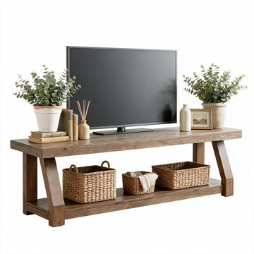 63" Solid Wood TV Stand, 2-Tier Media Console with Open Storage, Farmhouse Entertainment Center, Easy Assembly
