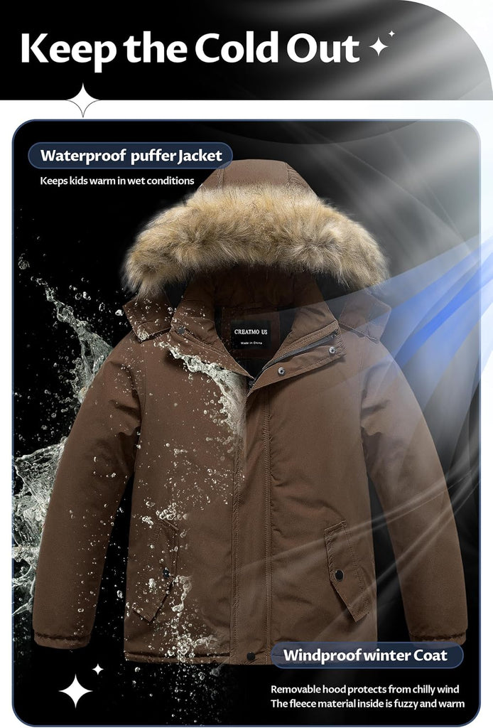 Boys' Waterproof Snow Coat Parka Windproof Winter Jacket With Detachable Fleece Hood