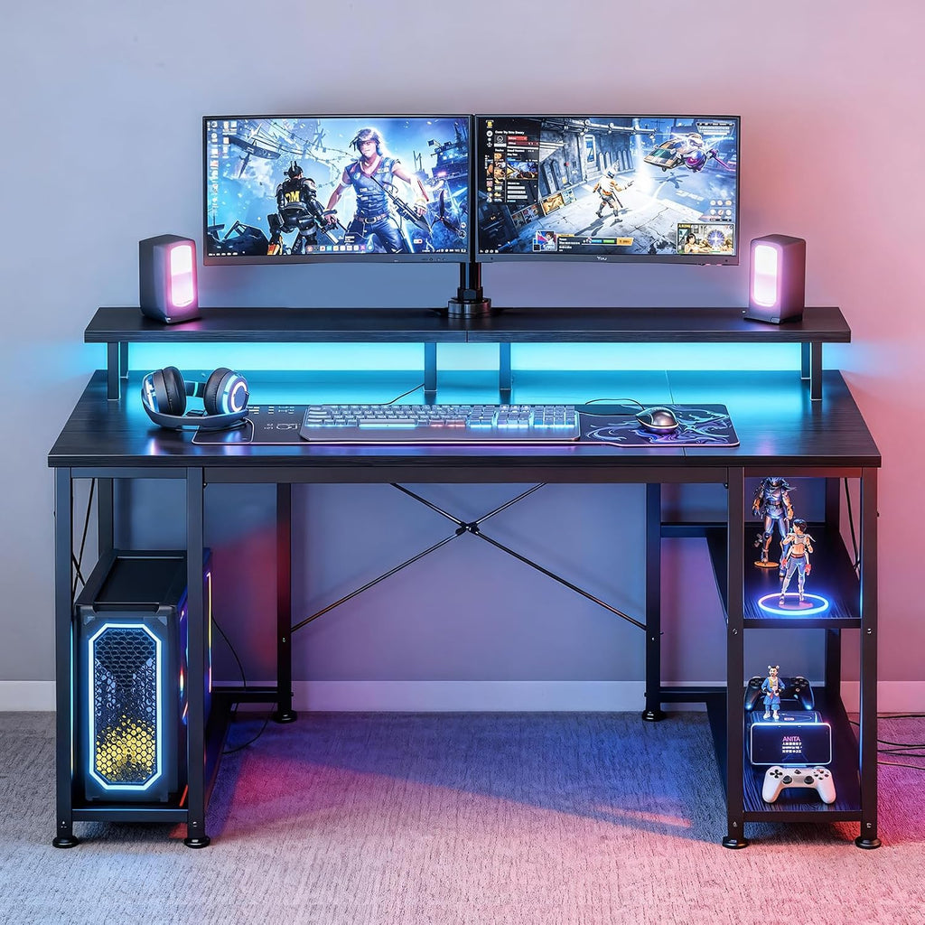 55 Inch Gaming Desk with LED Lights & Storage Shelves, Black | Customizable LED lighting • Raised monitor stand •