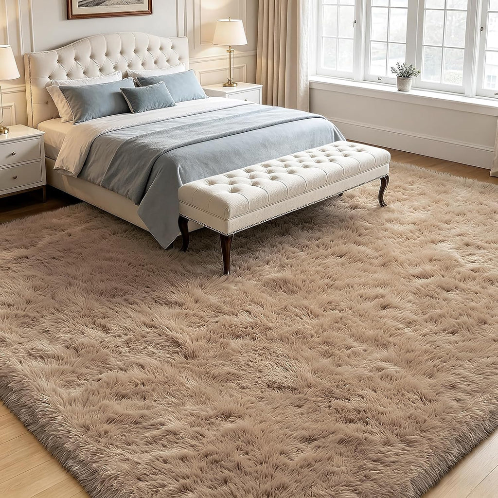 Beige 8x10 Area Rugs, Fluffy Shag Rug Large Bedroom Carpet
