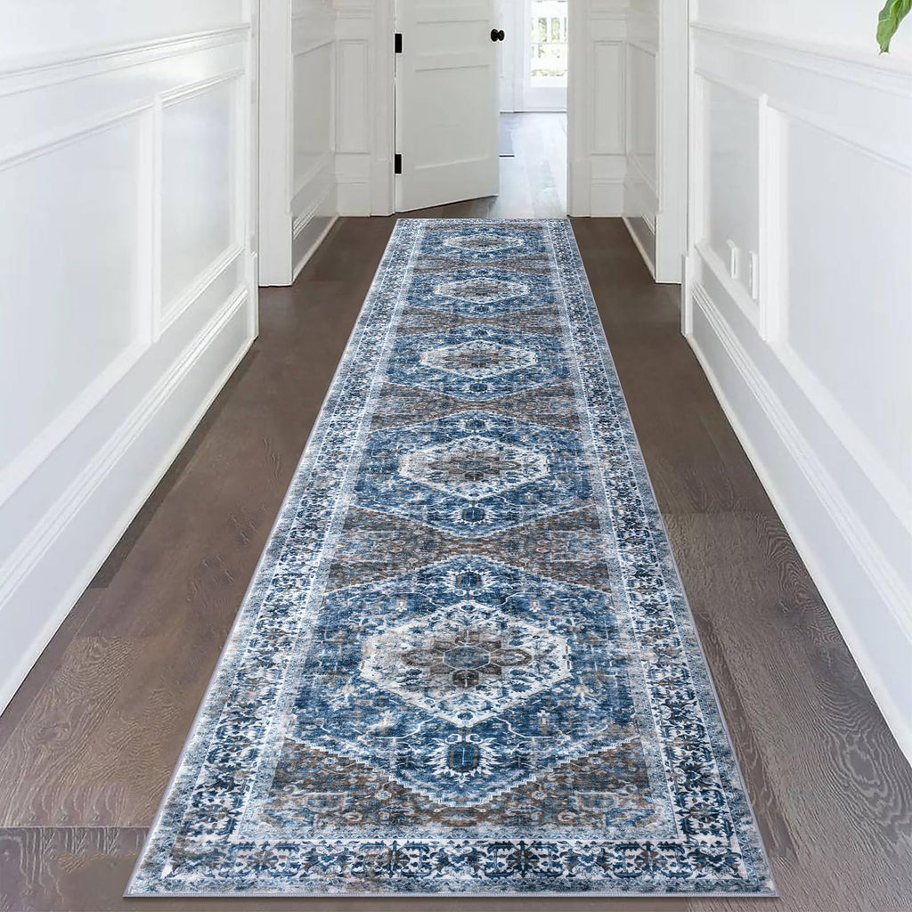 Runners s 2.6x14 Ft Extra Long Washable Kitchen Runner Rug Boho Runner Rug Indoor Blue Printed Oriental Faux Wool
