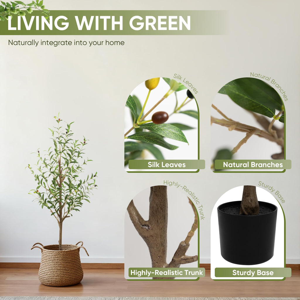 Olive Tree Artificial Indoor, 4 FT Faux Olive Trees with Planter, Fake Plants with Natural Trunk and Lifelike Fruits