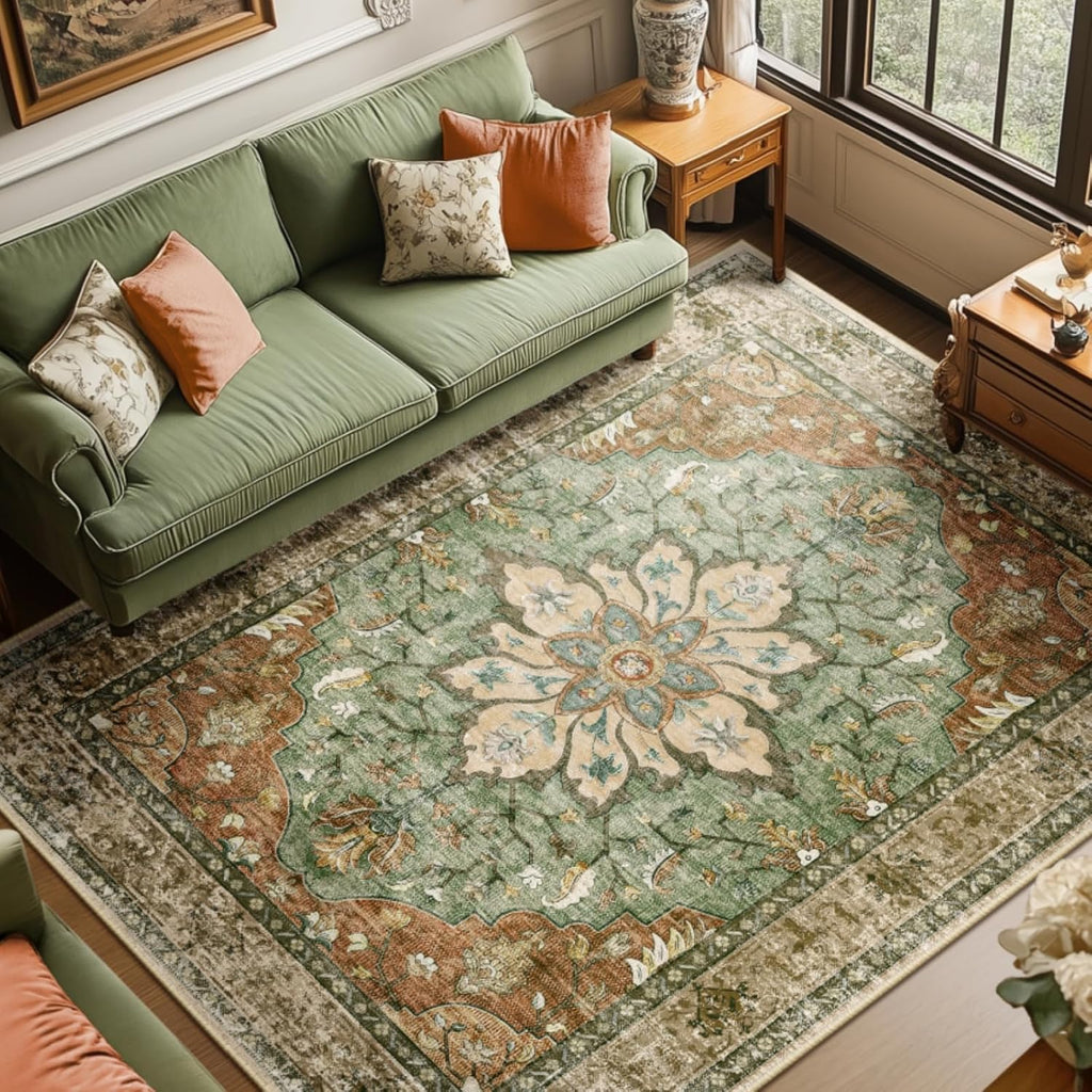 8x10 Area Rugs 8'x10' Washable Non-Slip, Floral Vintage Distress Medallion Carpet for Living Room Bedroom Dining Room