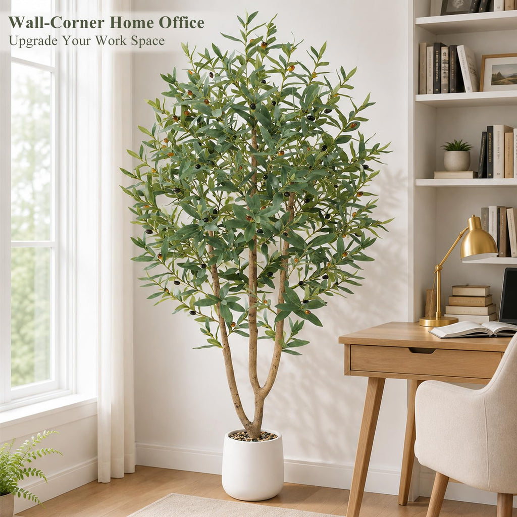 6FT Olive Trees Artificial, Large Faux Olive Tree with White Tall Planter, Faux Tree Indoor with Lush Lifelike Fruits
