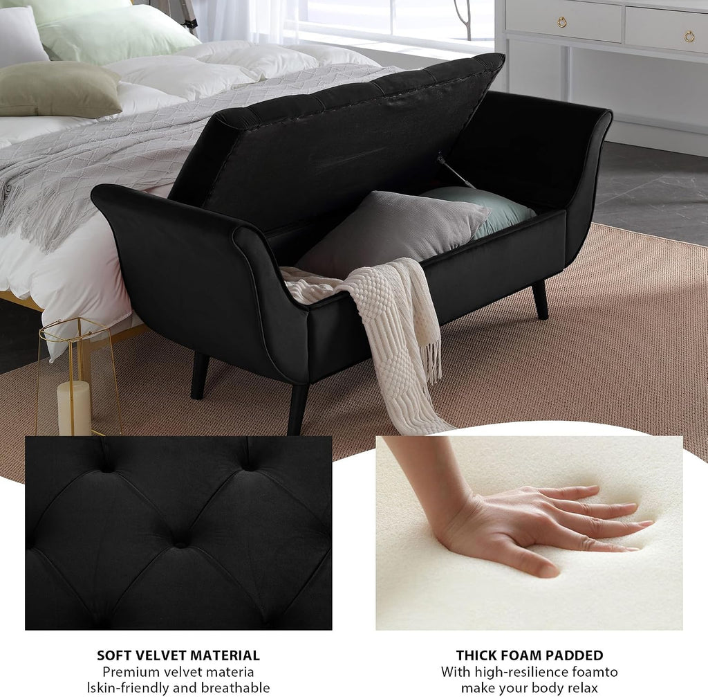 65" Velvet End of Bed Bench, Tufted Storage Ottoman with Pillows | Velvet upholstery, Button-tufted design, Hidden