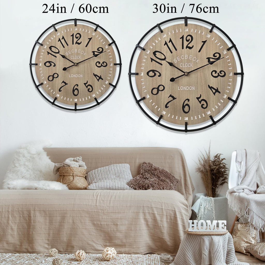24 Inch Large Farmhouse Wall Clock, Metal Rustic Wood with Silent Quartz Movement, Easy Read Arabic Numerals, Battery