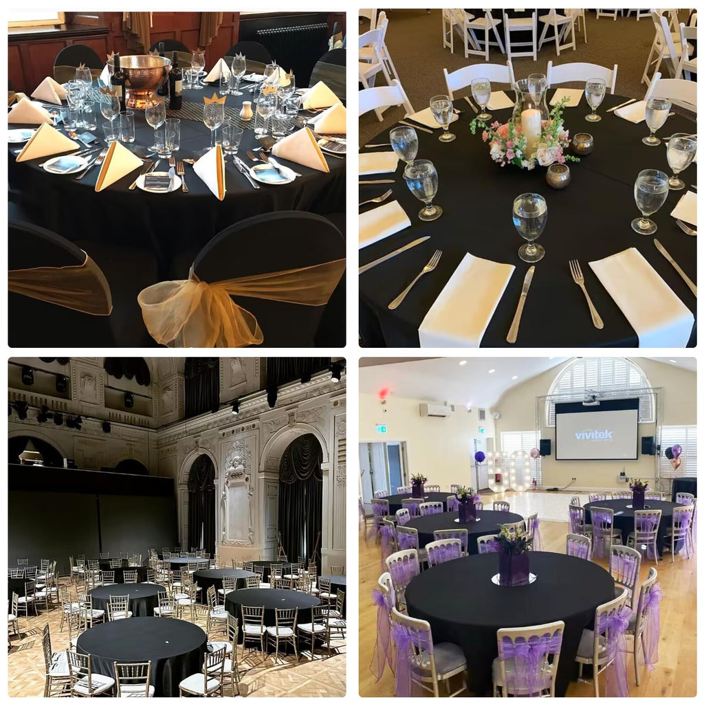4 Pack Round Tablecloth 108 Inch Black Polyester Table Cover for Round Tables Washable Fabric for Wedding Dining