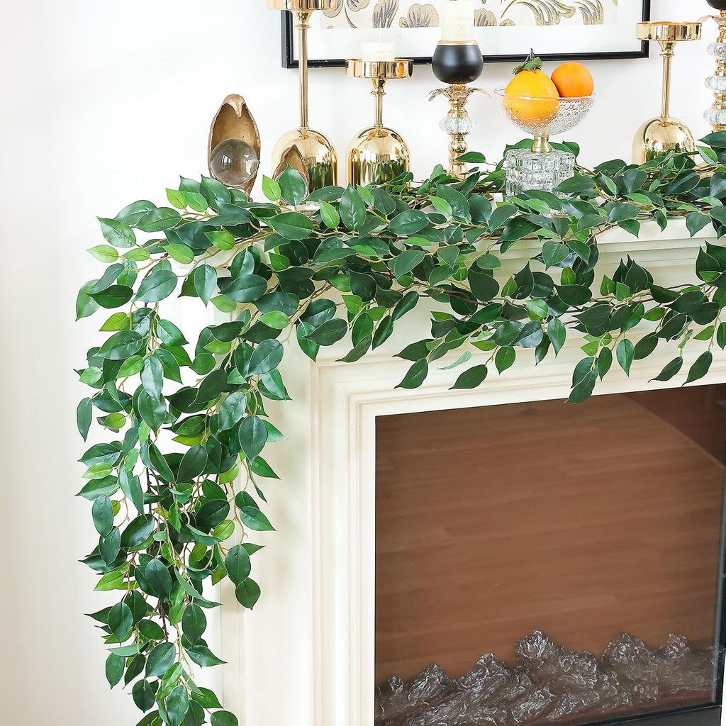 Strands Artificial Vines Ficus Garland 78" Fake Vine with Silk Green Leaves Faux Hanging Plants Greenery - Set of 12