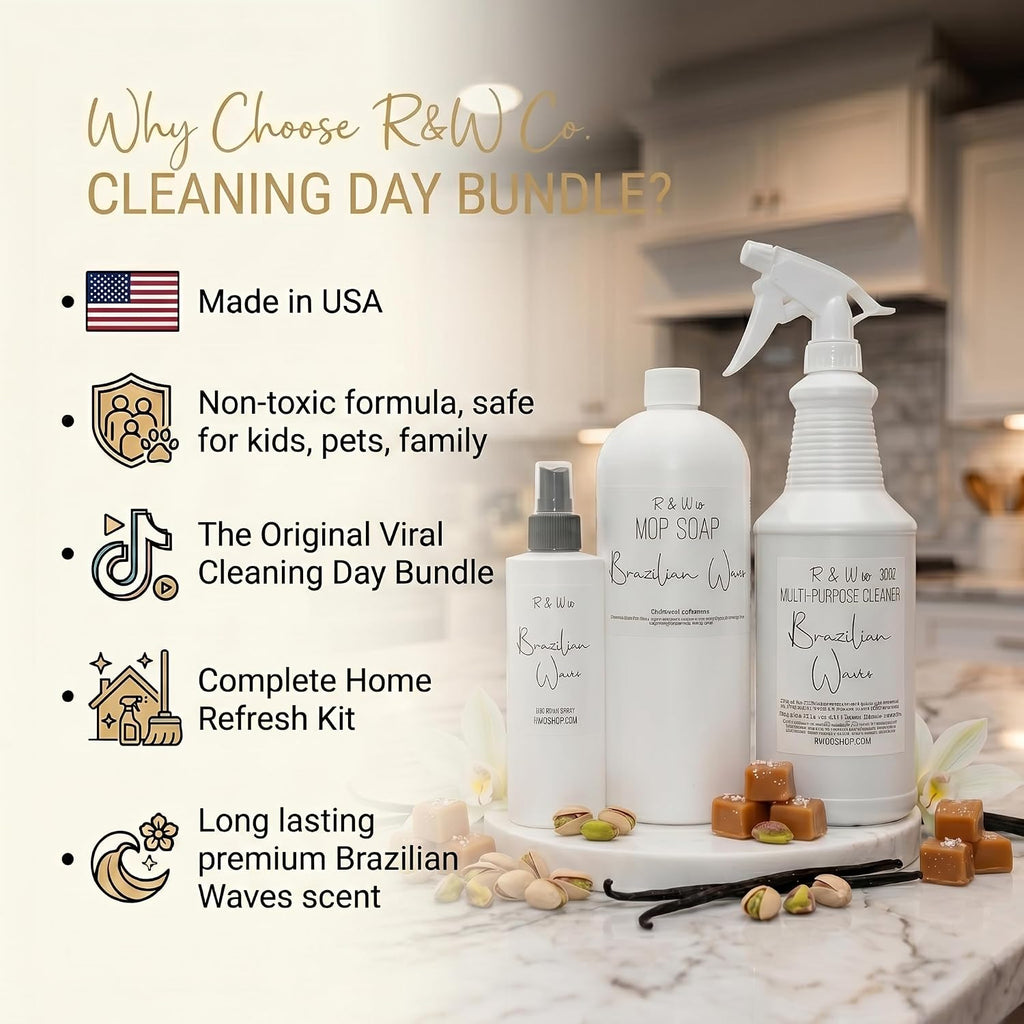 Brazilian Waves Luxury Cleaning Day Bundle - Premium 32oz Mop Soap, Deodorizing Room Spray (8oz), and 32oz - Set of 32