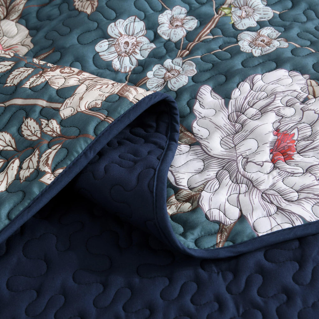 Floral Teal Quilt Oversized King - 3Pcs Botanical Birds Bed Set