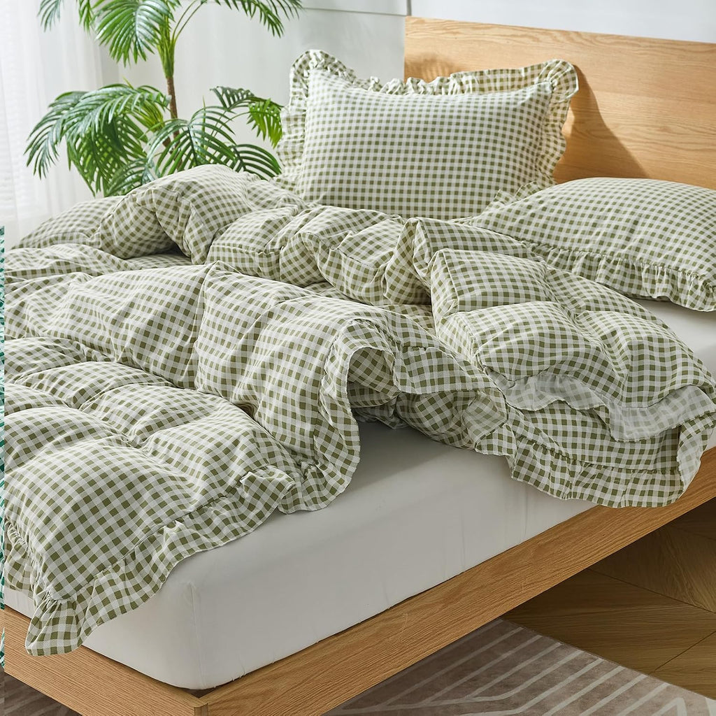 Gingham Duvet Cover Queen, 3 Pieces Soft Breathable Microfiber Plaid Duvet Cover with Zipper Closure & 2 Pillow