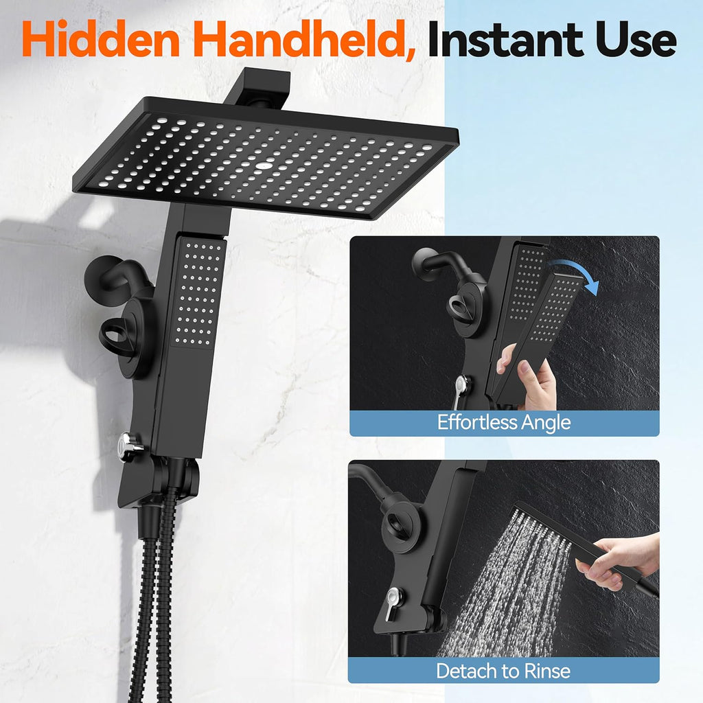 Filtered Rain Shower Head with Handheld Combo High Pressure 12'' Rainfall Shower Heads & Hidden Detachable Wand Dual