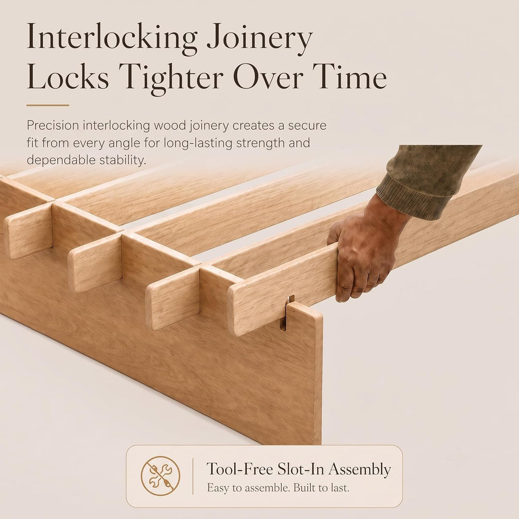King Size Wood Platform Bed Frame, Japanese Tool-Free Joinery
