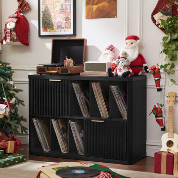 Large Record Player Stand with Vinyl Storage Up to 450 Albums, Wood Fluted Boho Record Storage Accent Cabinet, Modern