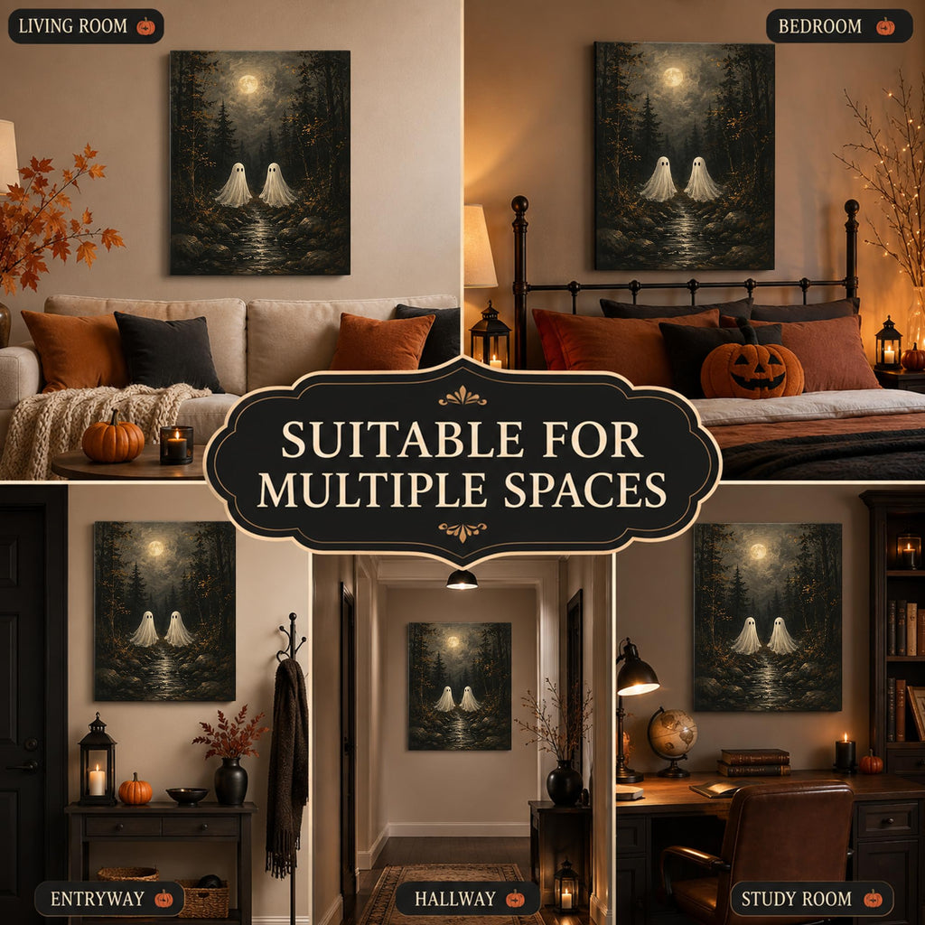 Halloween Canvas Wall Art, Two Ghosts Moonlit Forest Halloween Pictures