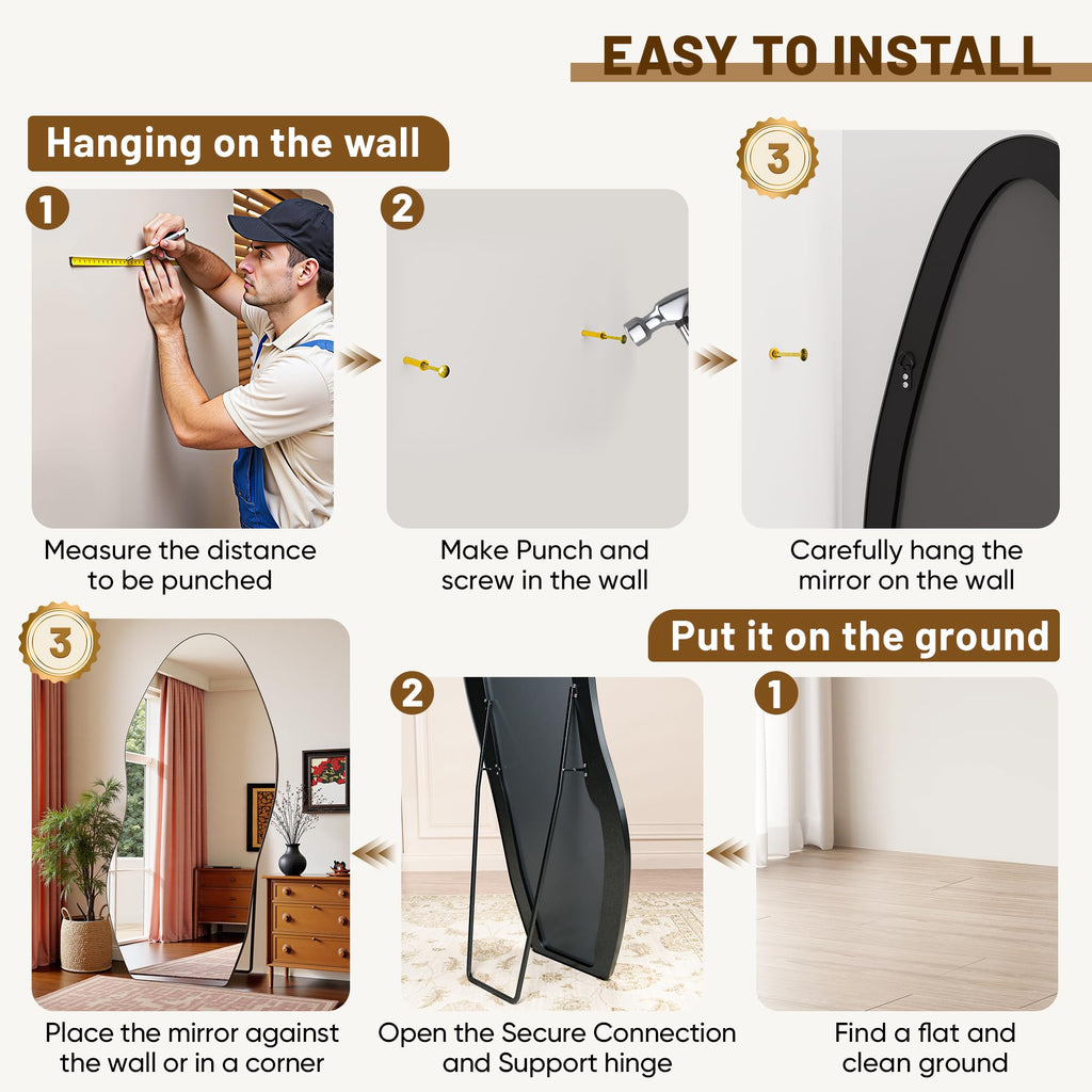 Irregular Full Length Mirror, 76"x36" Asymmetrical Floor Mirror with Stand, Standing Hanging Leaning Irregular