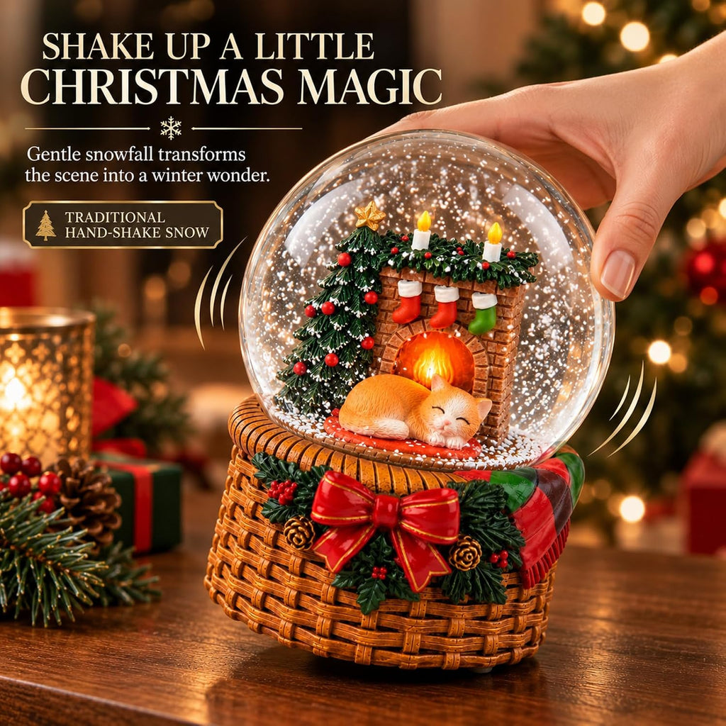 Christmas Cat Snow Globe Music Box with Lighted Fireplace, Silent Night Musical Snow Globe with Hand-Shake Snow