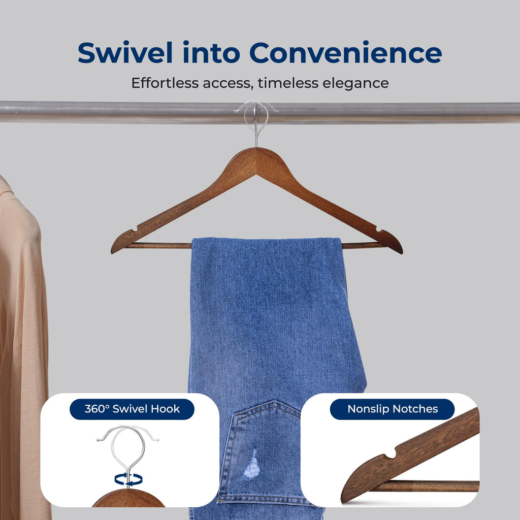 30 Pack Wooden Clothes Hangers - Heavy Duty Wood with Non-Slip Notches, 360° Swivel Chrome Hook & Pants Bar - Vintage