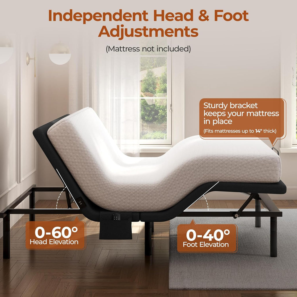 Queen Adjustable Bed Frame,w/Wireless Remote,Massage Function,Nightlight,4 Height-Adjustable Legs,Head & Foot