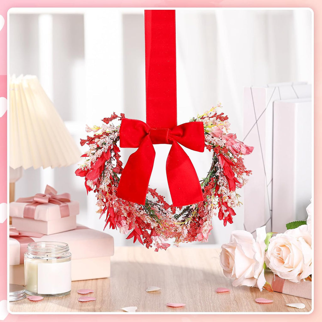 9" Small Valentines Day Wreath for Cabinet Front Door Valentine Wreath Red Artificial Heart Flower Spring - Set of 2