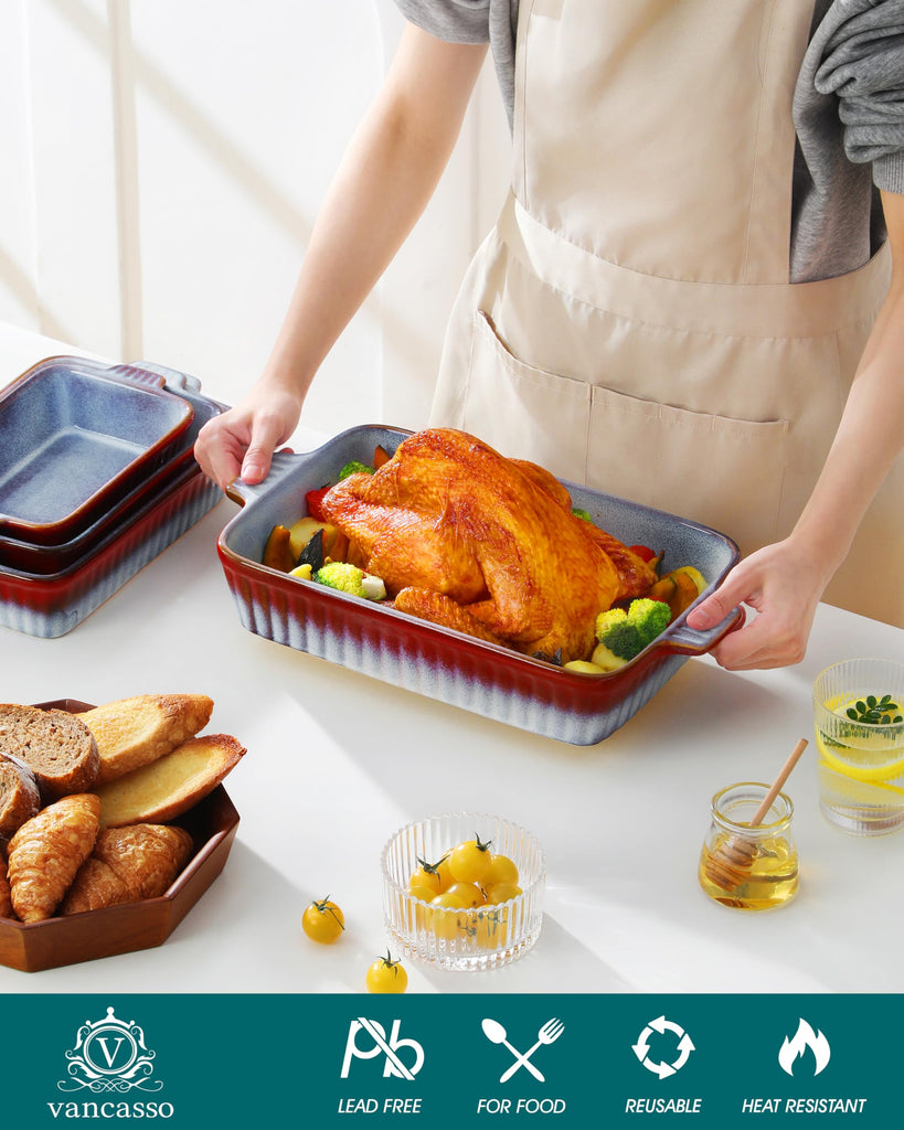 Ceramic Casserole Dishes for Oven, Reactive Glaze Baking Dishes Set of 4, Deep Rectangular Lasagna Pans with Handles