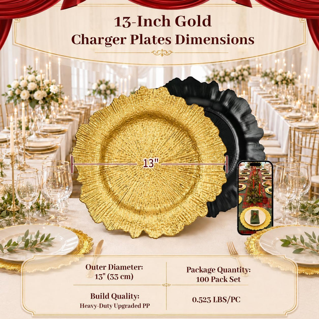 Gold Charger Plates Bulk , 13" Gold Reef Chargers for Dinner - Set of 50