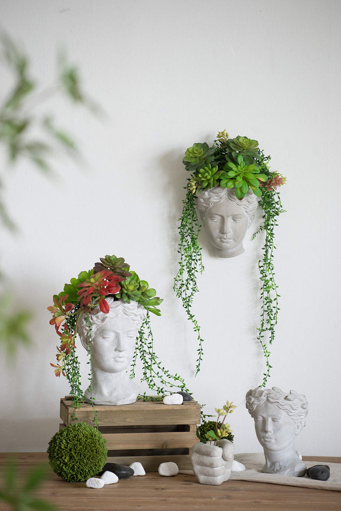 Gray Young Girl Bust Planter Indoor Outdoor Décor Cement Pot Beautiful Woman Face Greek Sculpture Flower Hair 7" x
