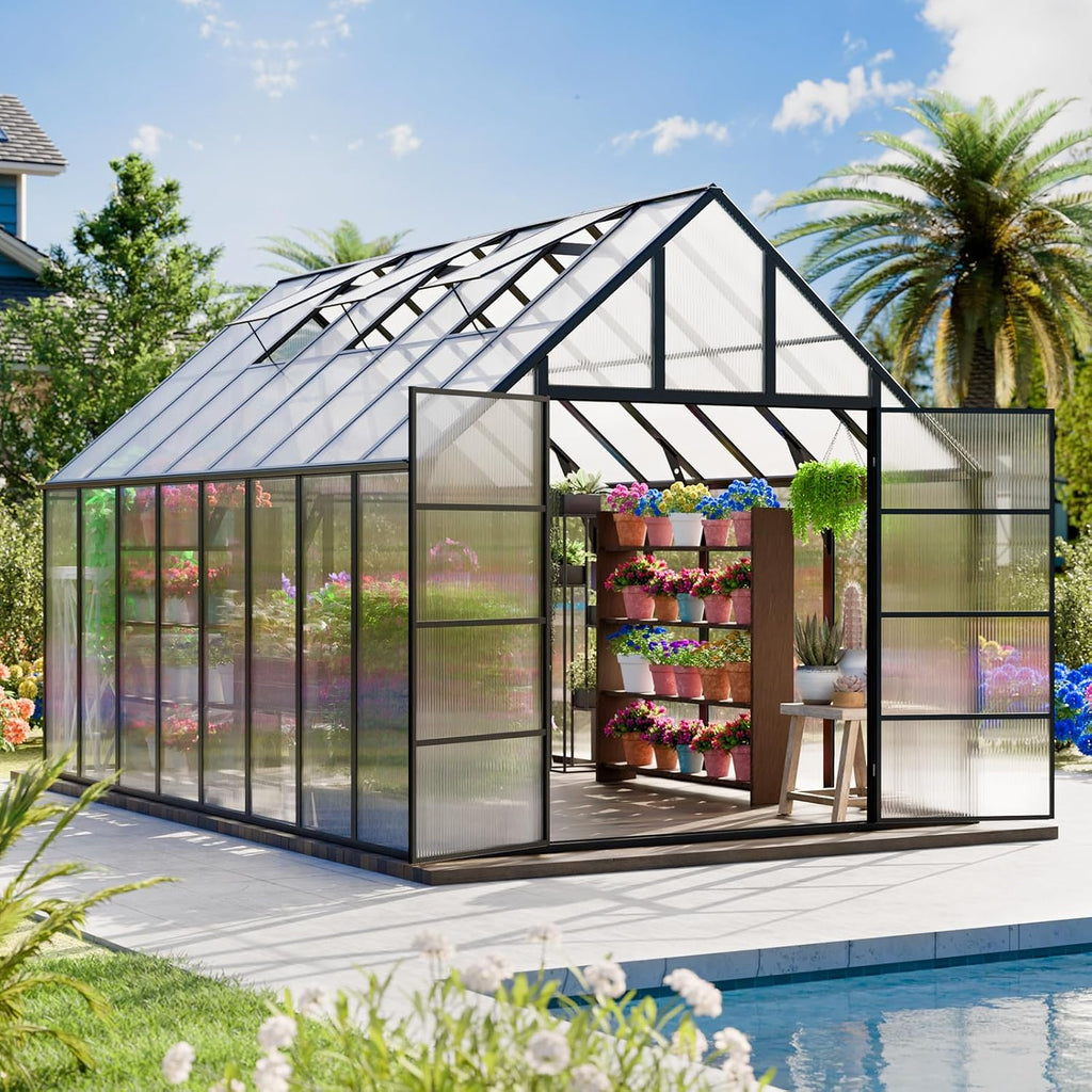16x10x10 FT Large Greenhouse for Outdoors , 3 Vents | 4MM Twin-Wall PC Panels, Quick-Connect Aluminum Frame, 3