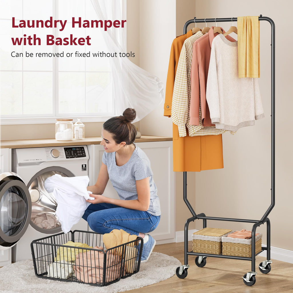 Rolling Laundry Cart with Hanging Rack & Laundry Basket, Black