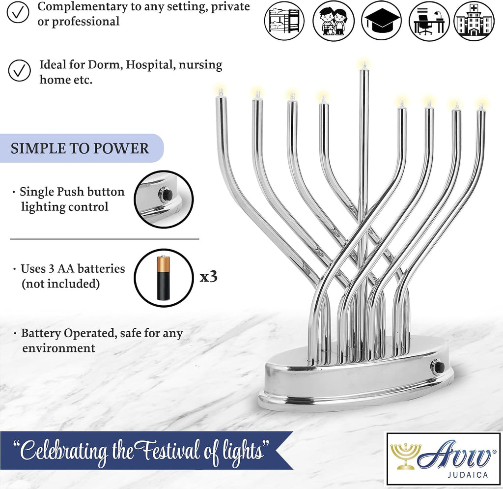 Traditional Hanukkah Electric Low Voltage Hanukkiah with LED Bulbs Contemporary Metal Electronic Chanukiah Battery