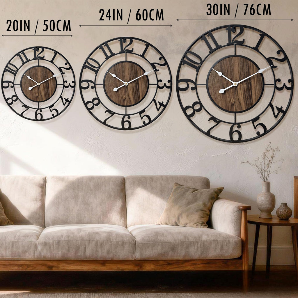 Large Metal Wall Clock, 24 Inch Retro Decorative Silent, Non Ticking, Battery Operated Modern Big Wood Wall Clock