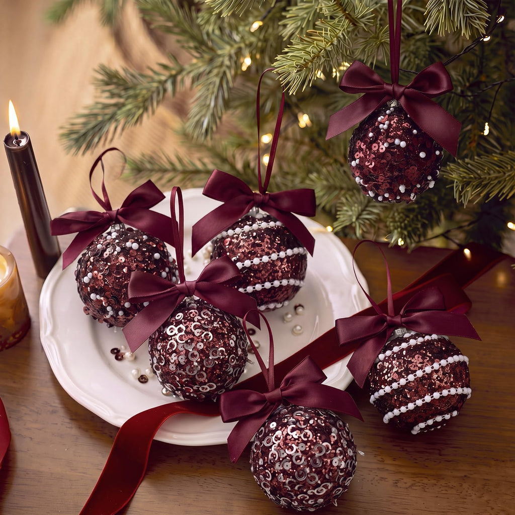 12 Pcs Burgundy Glitter Ornaments with Bow