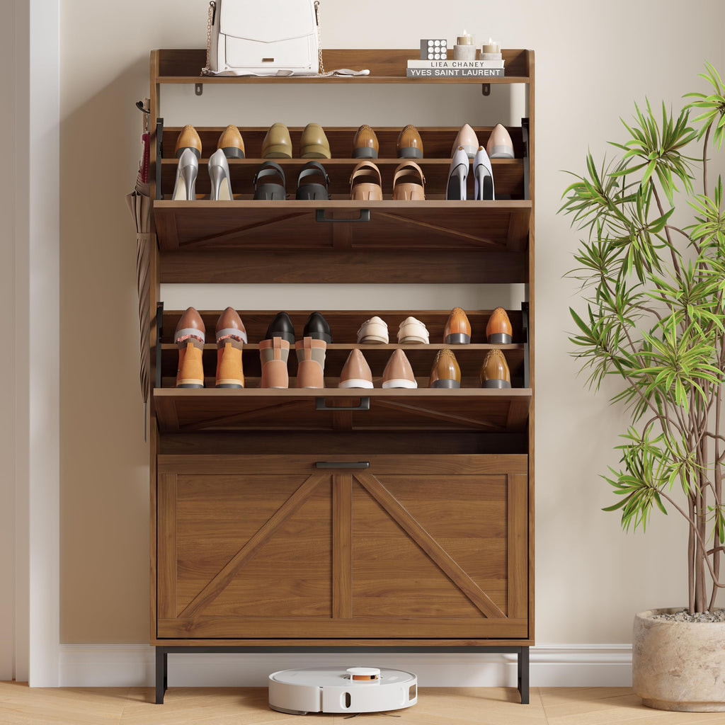 Shoe Storage Cabinet with 3 Flip Drawers, Entryway Shoe Rack, Walnut