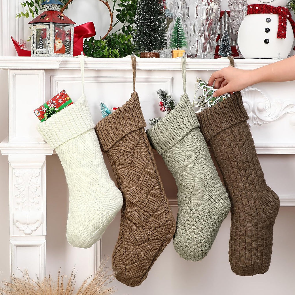 Neutral Christmas Stockings Bulk 18 inch Dark Brown Farmhouse Rustic Boho Xmas Cable Knit Fireplace Stockings - Set of 8