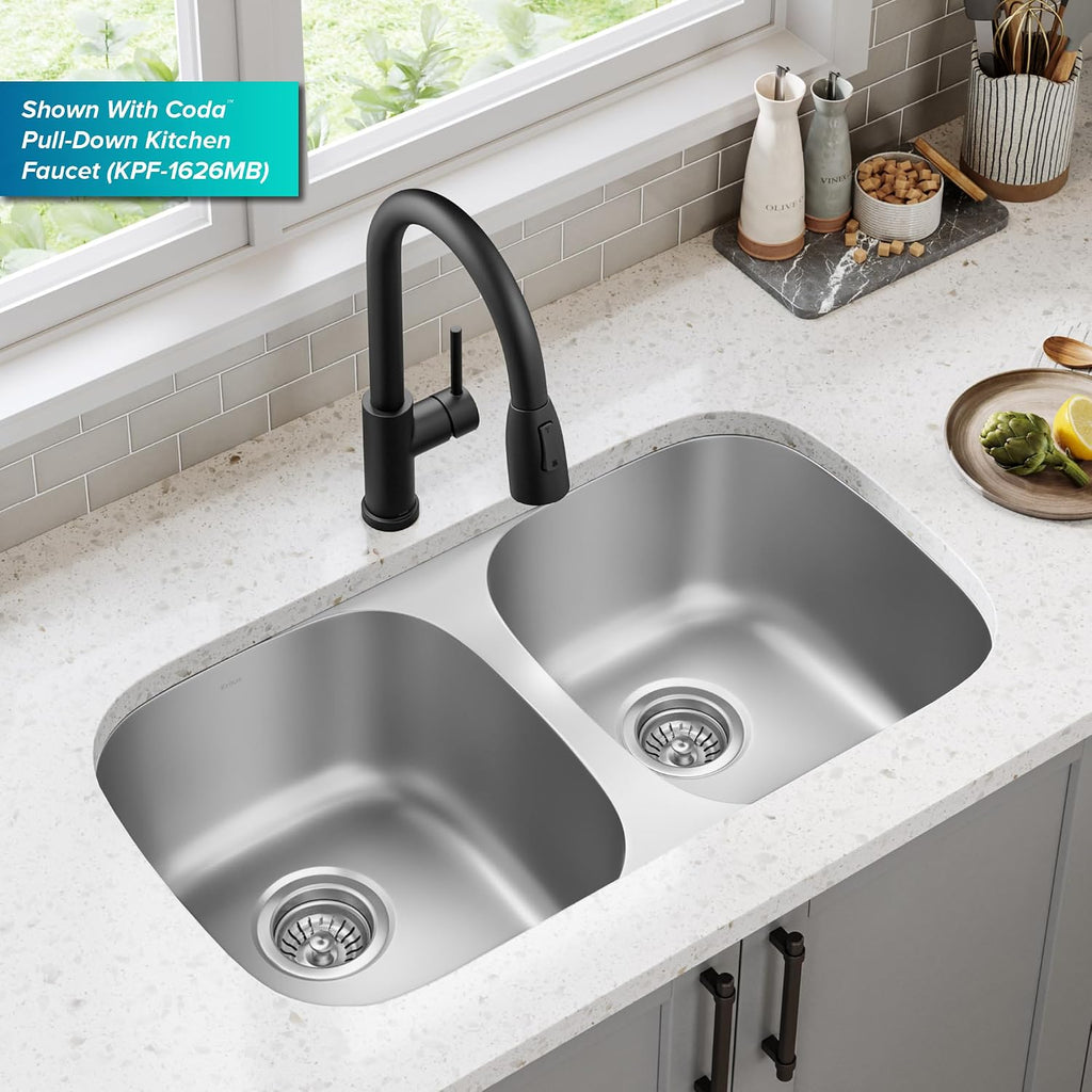 Premier 32-inch Undermount 50/50 Double Bowl 18-Gauge Stainless Steel Kitchen Sink with Strainers (x2), KBU22