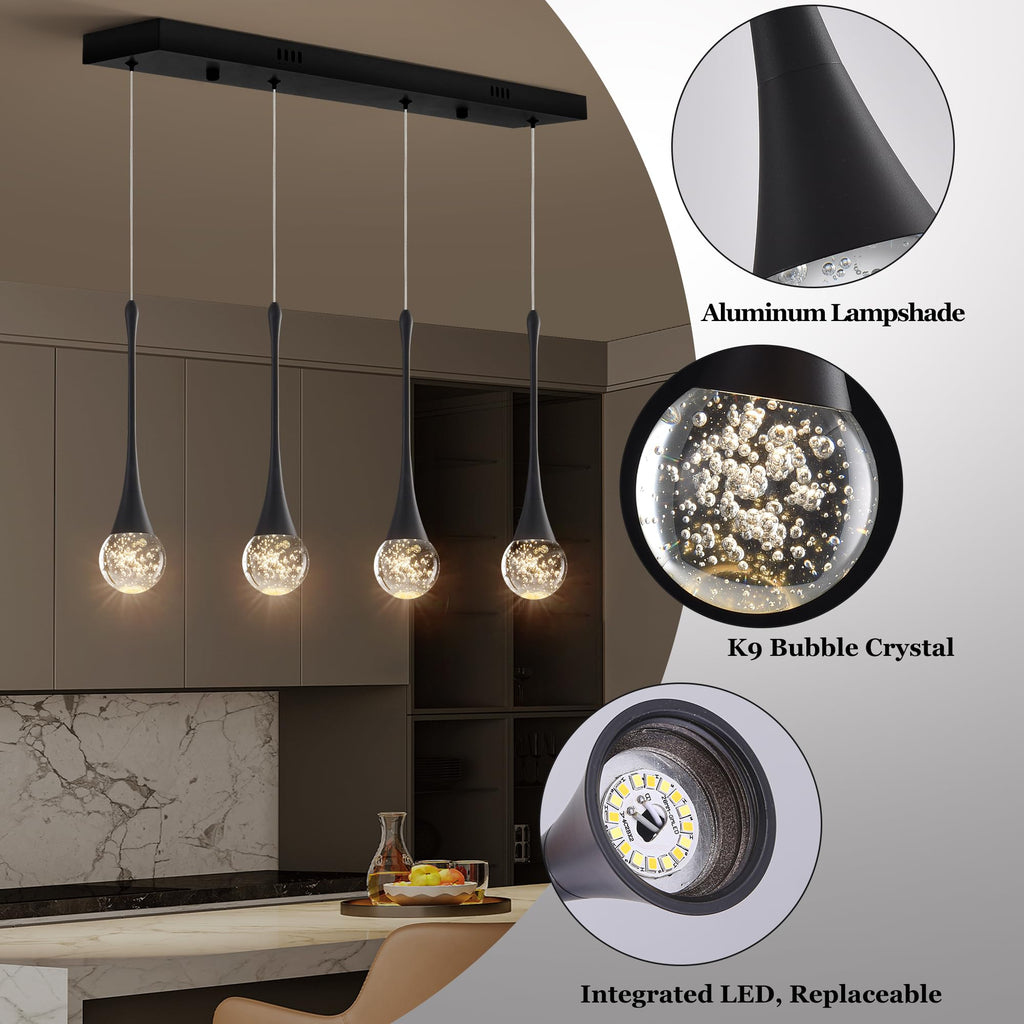 Modern Black Crystal Chandelier Island 4-Lights, Luxury Retangular Dimmable LED Bubble Raindrop Pendant Lighting