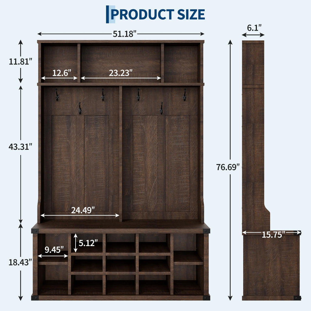 51.2" Hall Tree with Bench and Shoe Storage, Rustic Brown