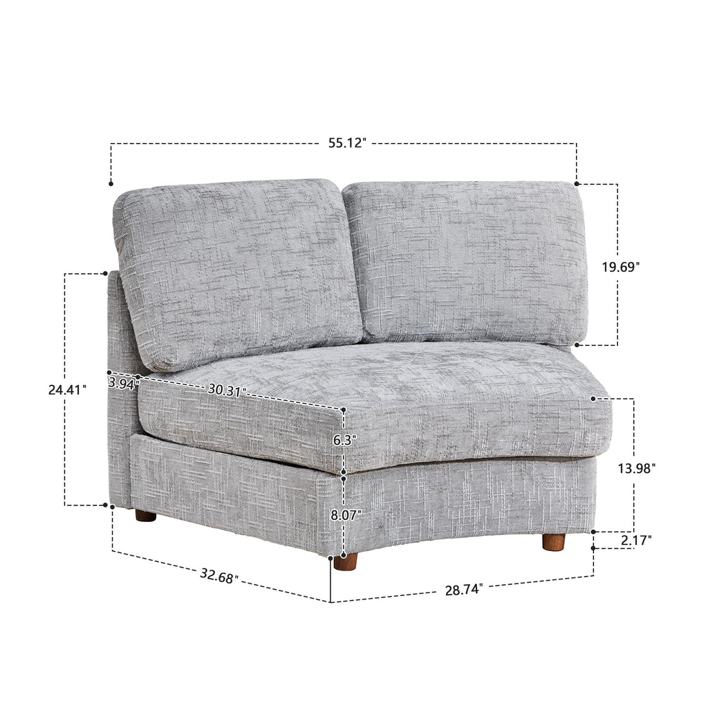 Modern Curved Chenille Armless Seat for Modular Sectional Couch, Grey