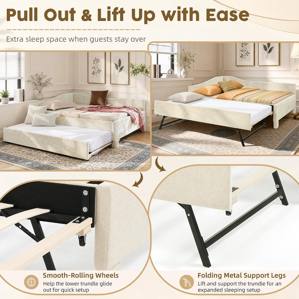 Full Daybed with Pop Up Trundle, Full Size Day Bed Frame, USB Port, Beige | Chenille L-Shaped Corner Bed Frame