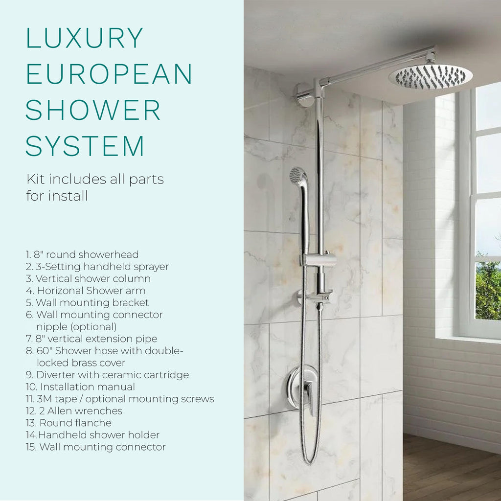 Polaris 3 Retrofit Rain Shower System, 3-Setting Handheld Shower Combo with Slide Bar, 8" Low Profile Shower Head