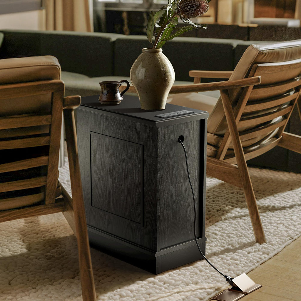 Solid Wood Nightstand with Charging Station, Vintage End Table with 3 Drawer, Victoria Narrow Side Table, Slim