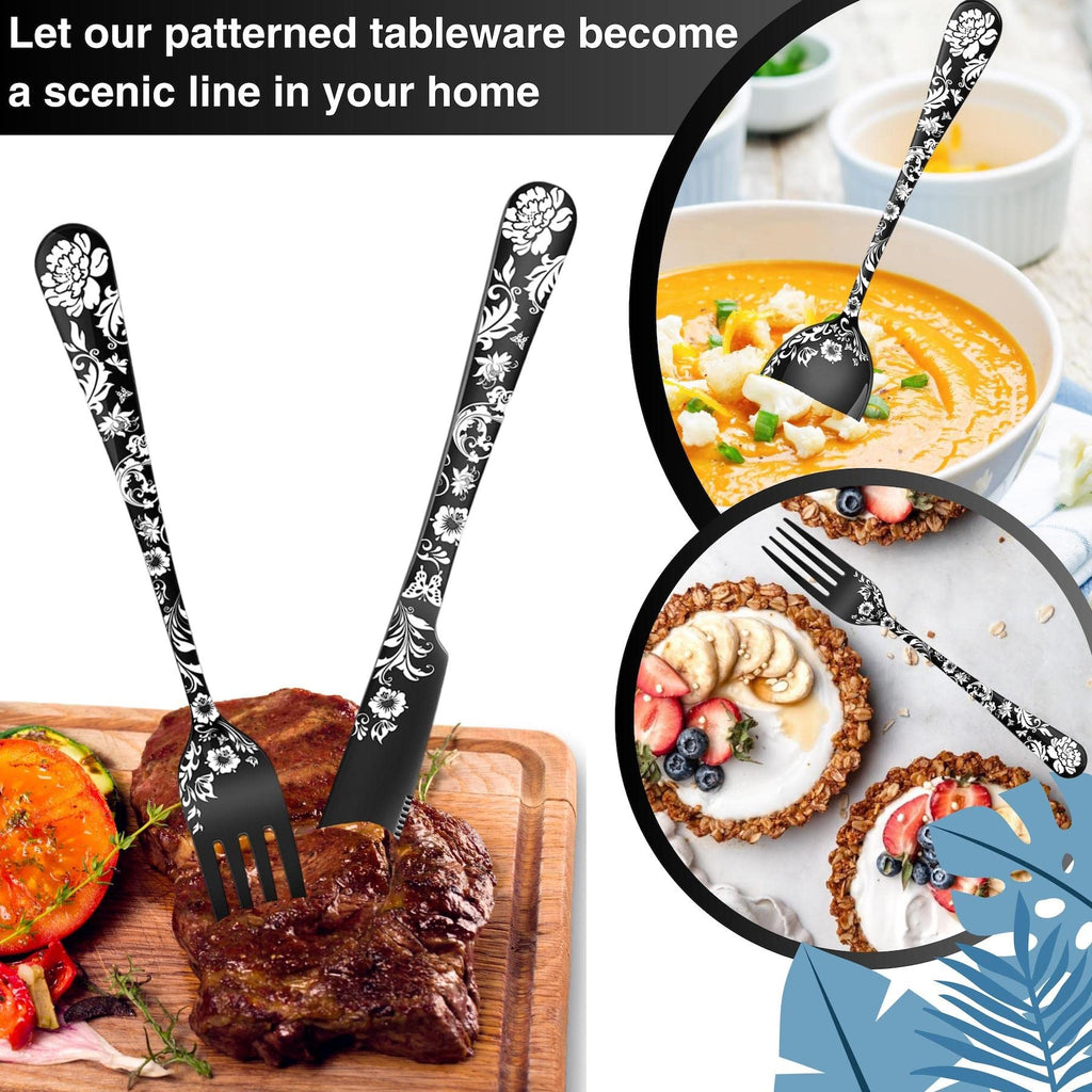 20-Piece Peony Flower Pattern Design Silverware Set, Stainless Steel Flatware Set for 4, Black Cutlery, Mirror