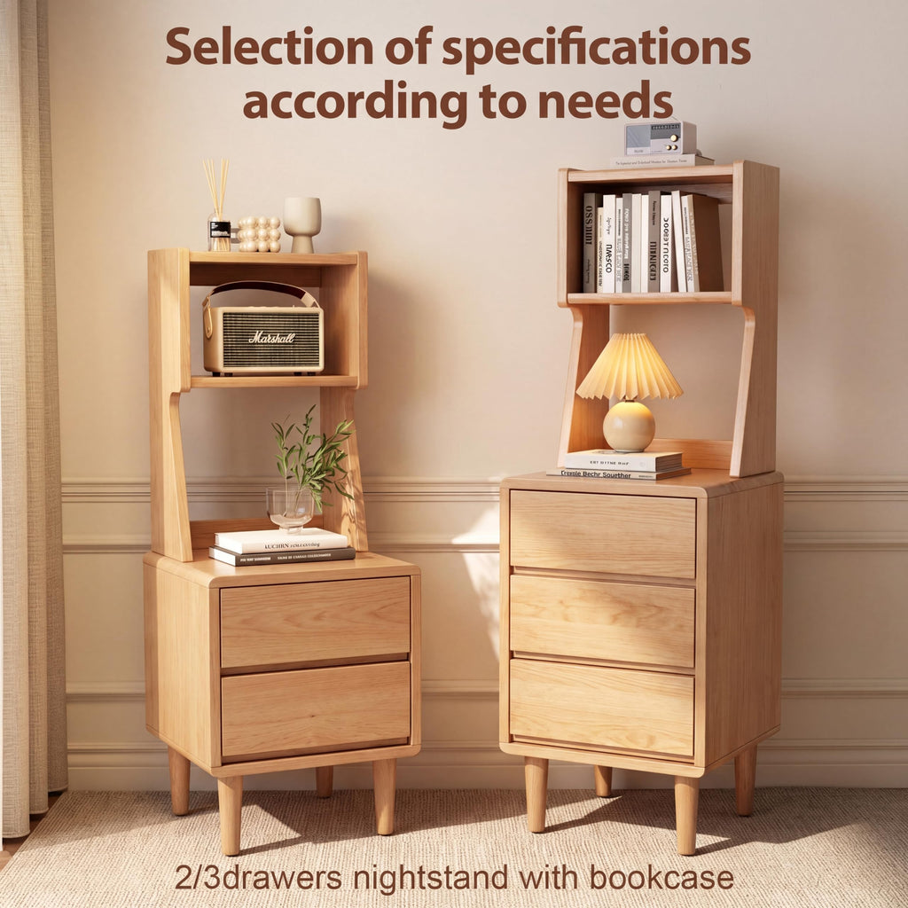 Solid Wood Bookshelf Nightstand Combo, Tall Nightstand with Bookshelf