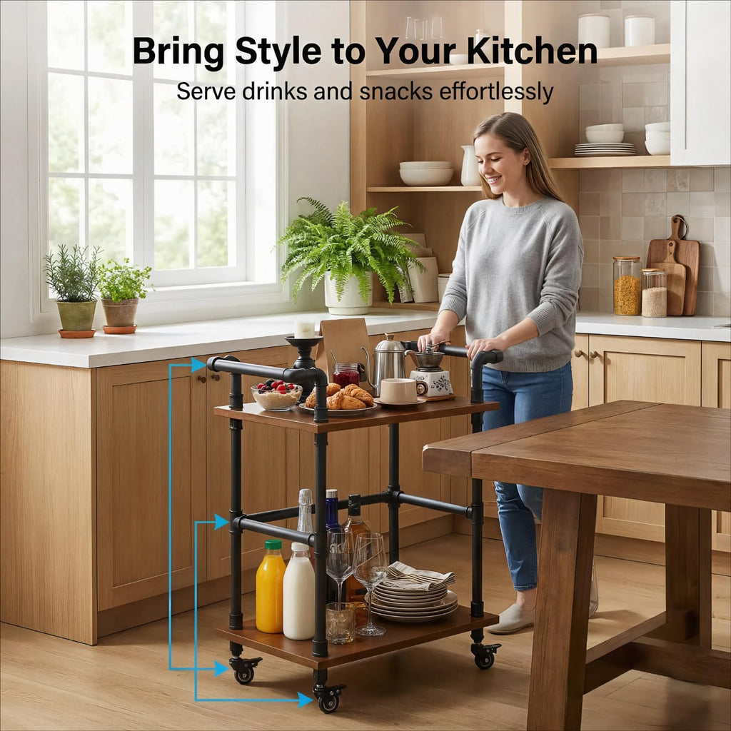 Industrial Pipe Bar Cart, Solid Wood Serving Cart, Rolling Kitchen Cart